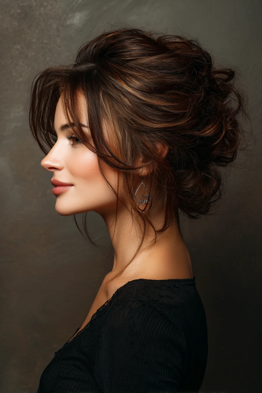 Textured Low Updo with Curtain Bangs and Soft Crown Volume