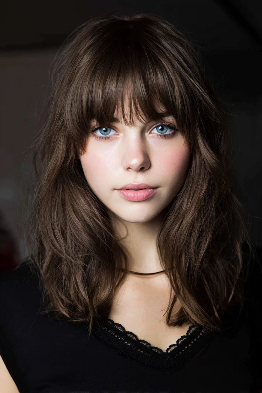 Textured Medium-Length Layers with Soft Full Fringe