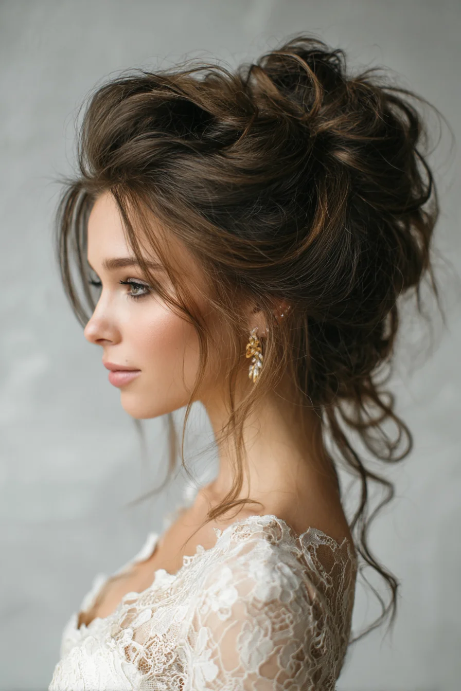 Textured Messy Bridal Updo with Loose Face‑Framing Tendrils