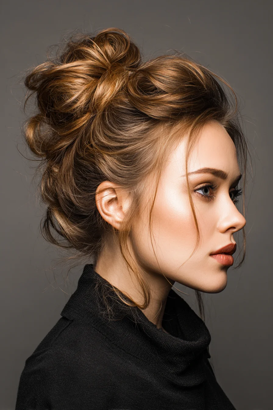 Textured Messy Bun Updo with Face‑Framing Pieces