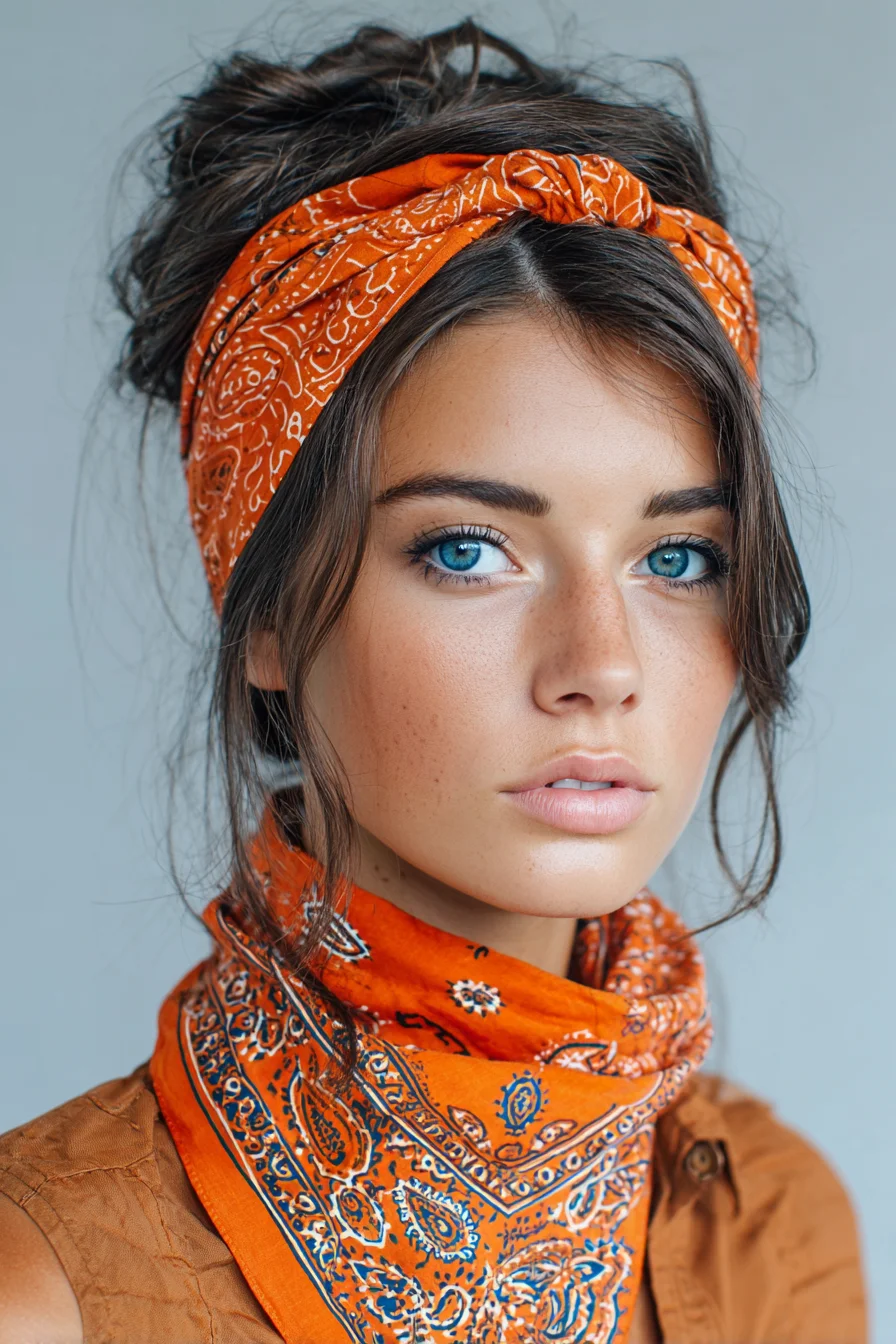 Textured Messy Bun with Bandana and Loose Face‑Framing Tendrils