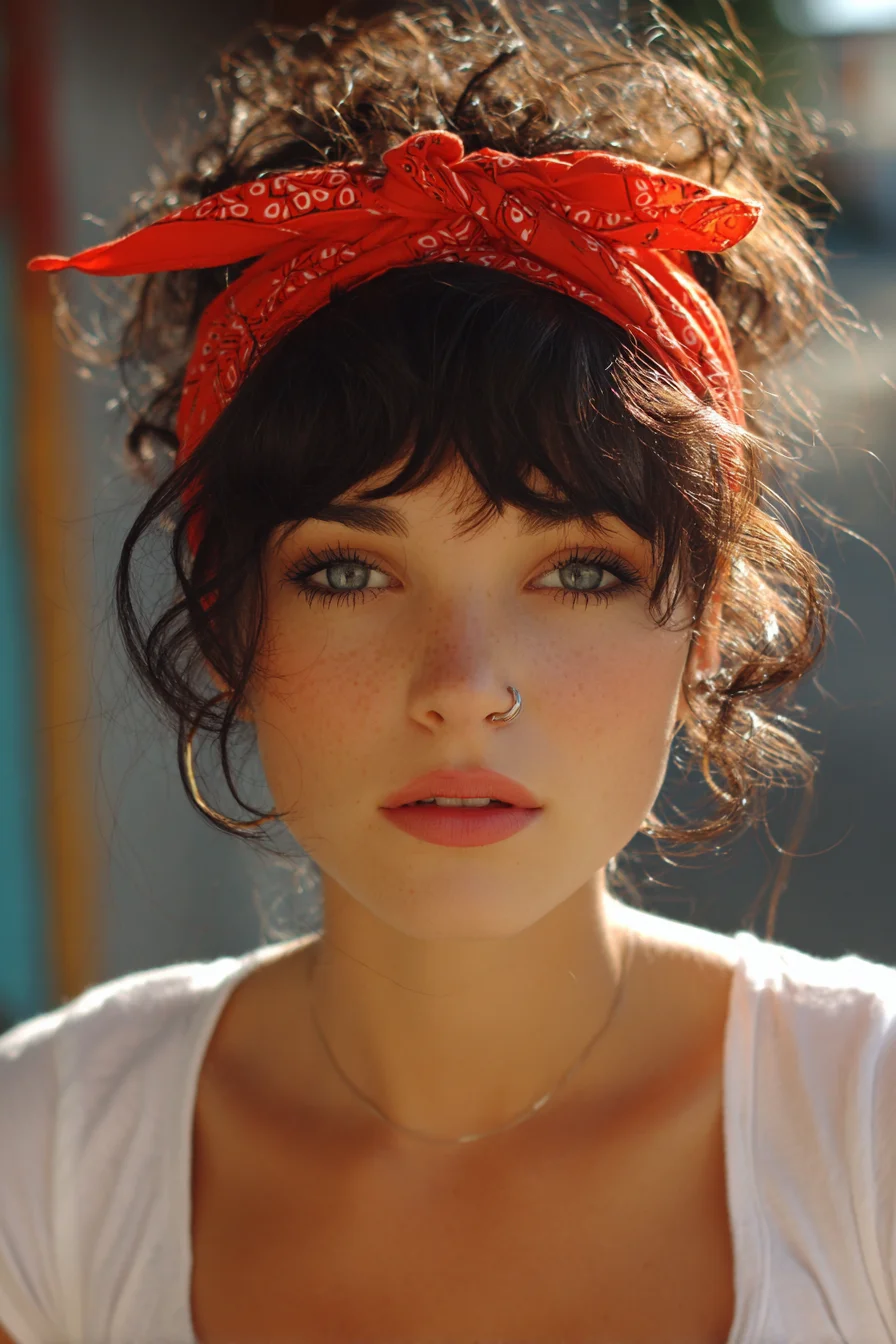 Textured Messy Bun with Bandana and Wispy Curtain Bangs