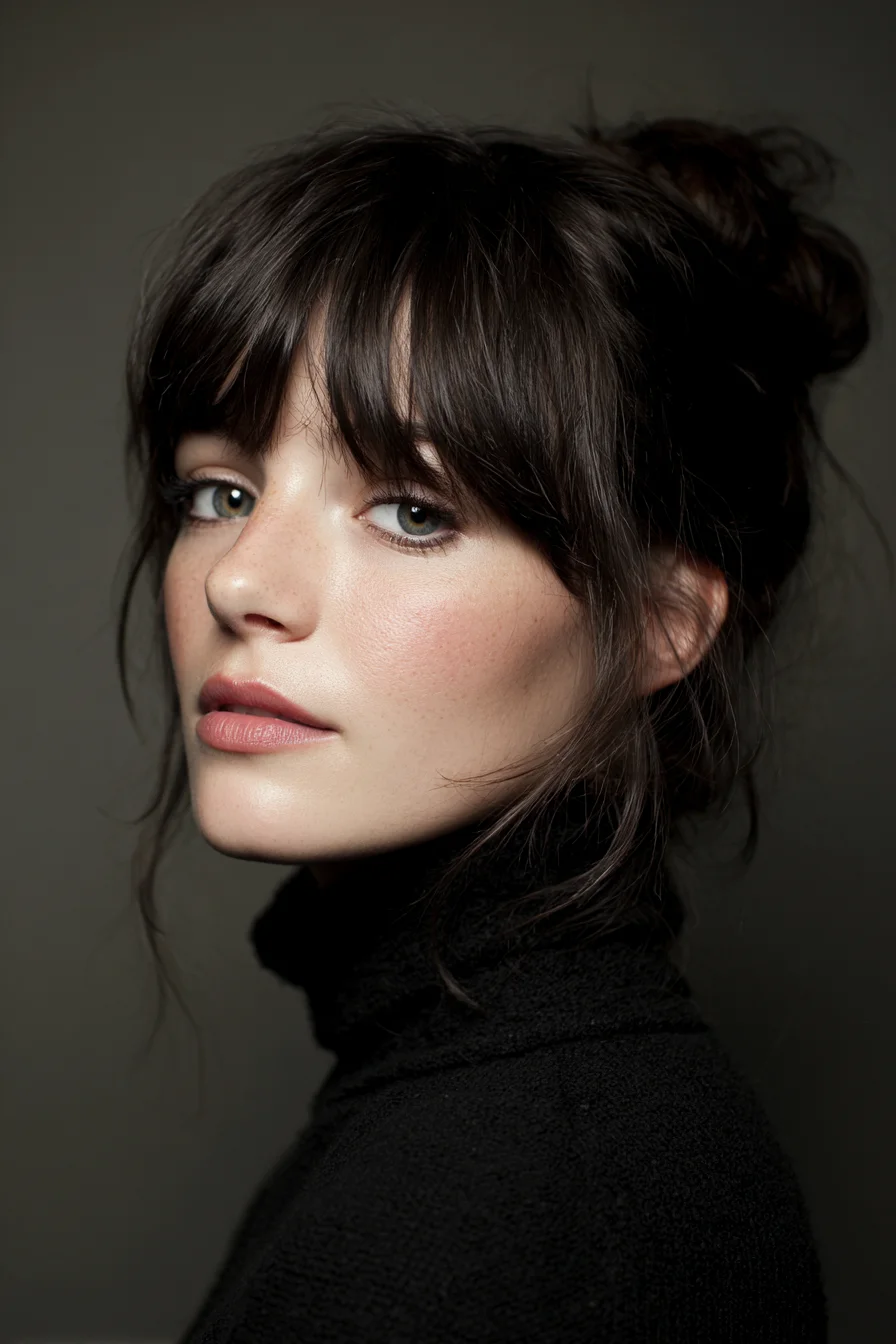 Textured Messy Bun with Curtain Bangs and Face‑Framing Pieces