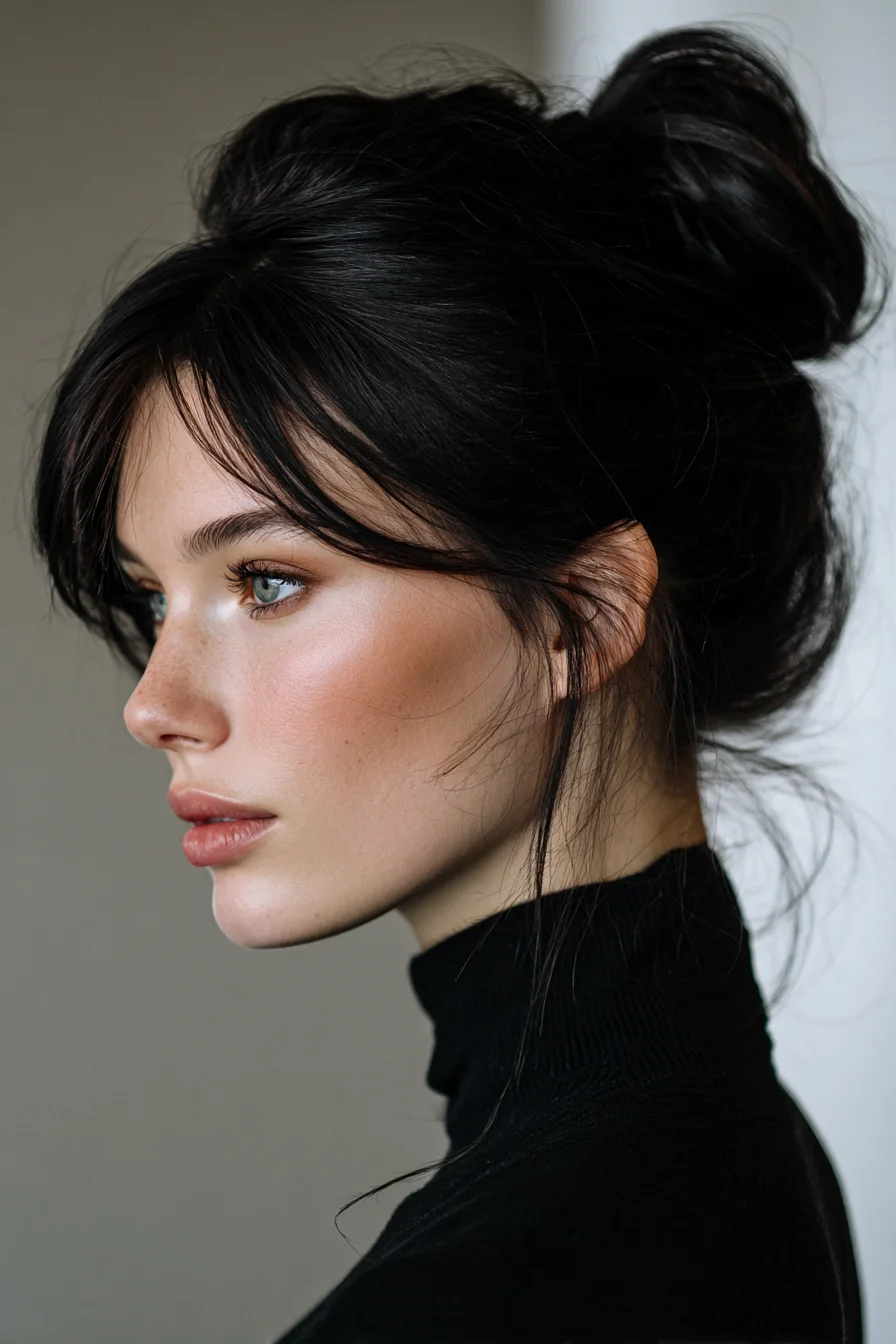 Textured Messy Bun with Curtain Bangs and Face‑Framing Strands