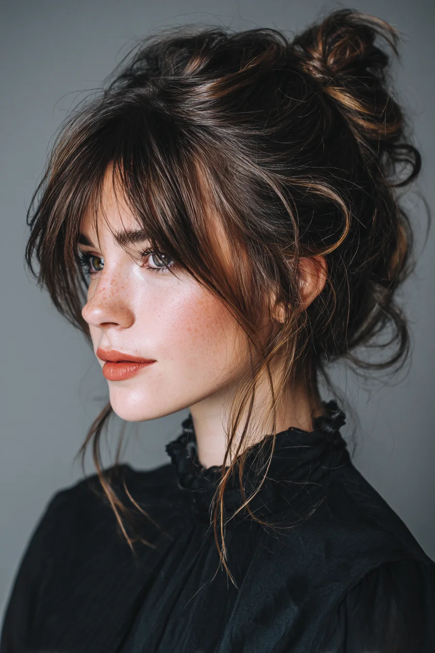 Textured Messy Bun with Curtain Bangs — Soft Face‑Framing Updo