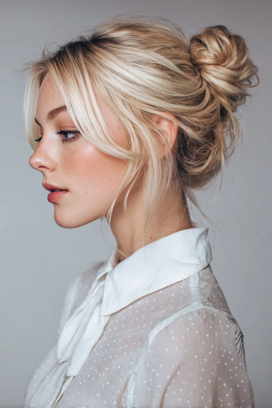 Textured Messy Bun with Face‑Framing Curtain Bangs — Fine to Medium Hair