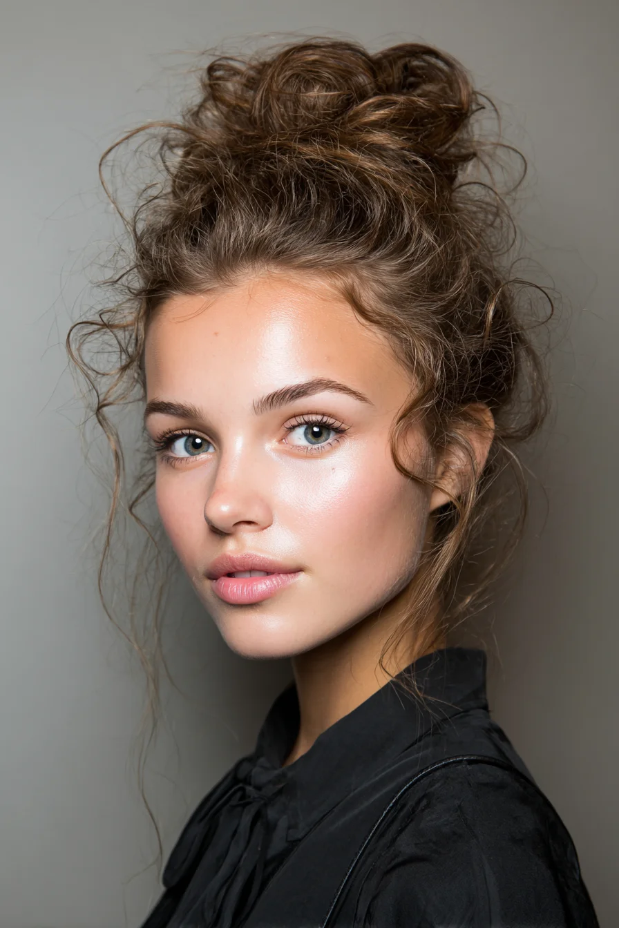 Textured Messy Bun with Face‑Framing Tendrils for Wavy & Curly Hair