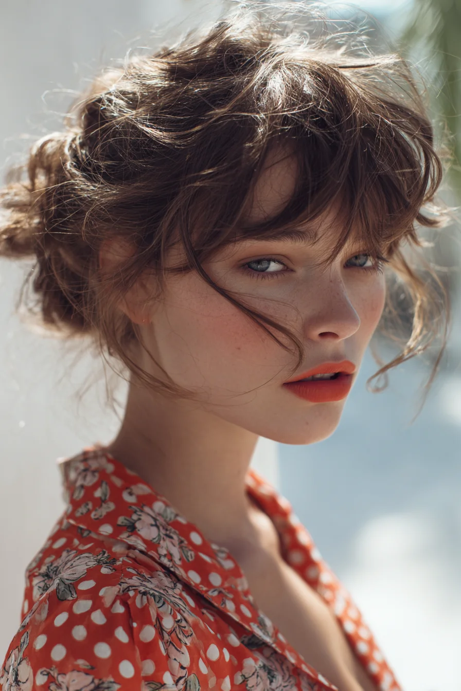 Textured Messy Bun with Wispy Fringe - Soft Romantic Updo