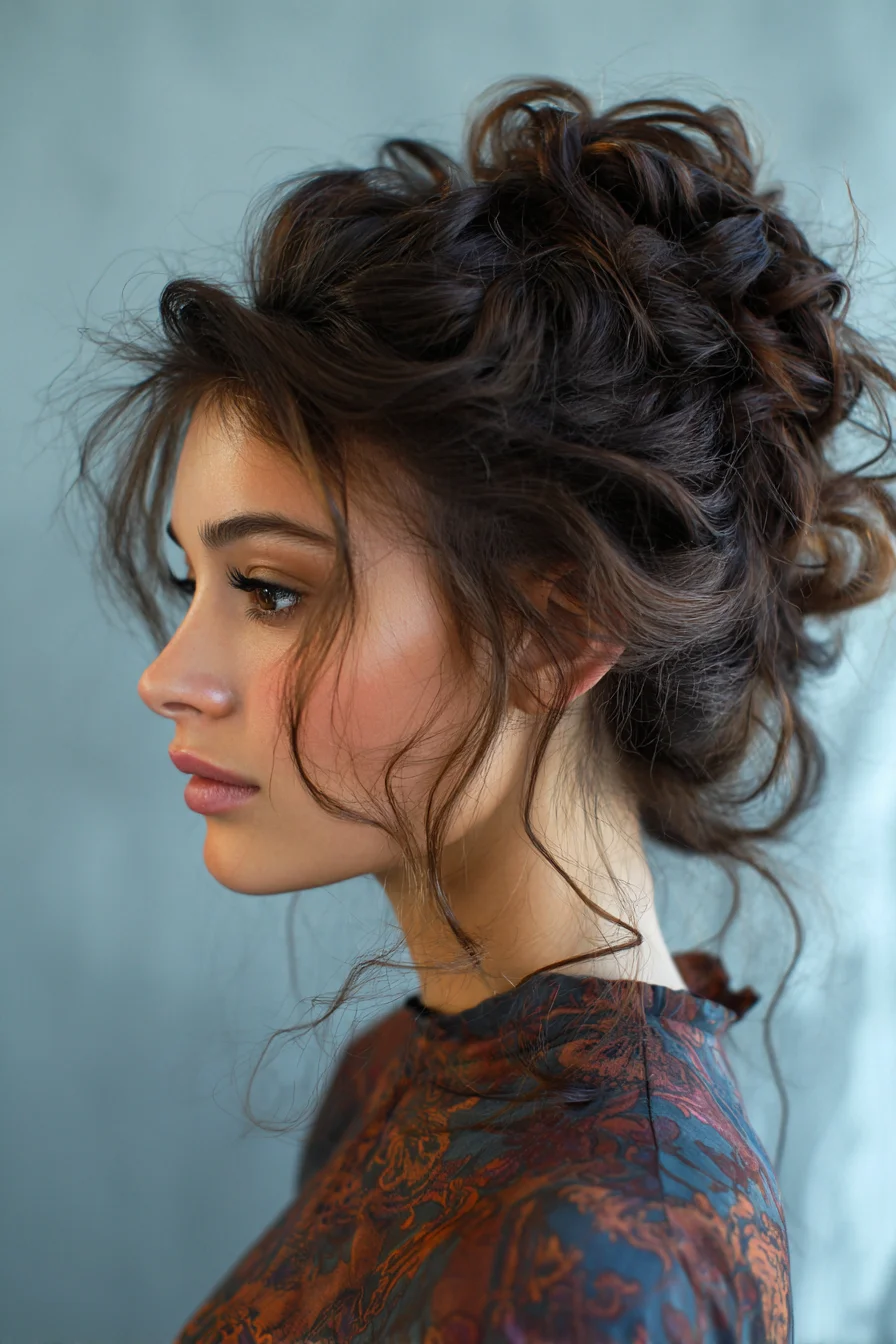 Textured Messy Curly Updo with Face‑Framing Tendrils