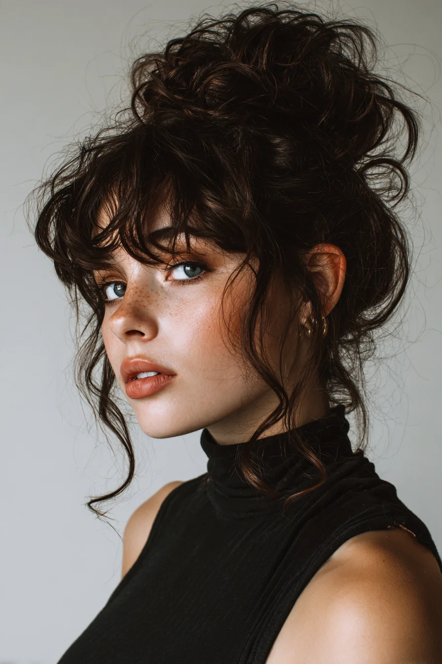 Textured Messy High Bun with Curtain Bangs and Face‑Framing Tendrils