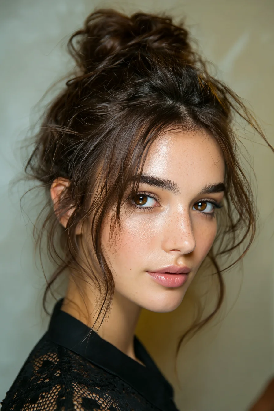 Textured Messy High Bun with Face‑Framing Layers