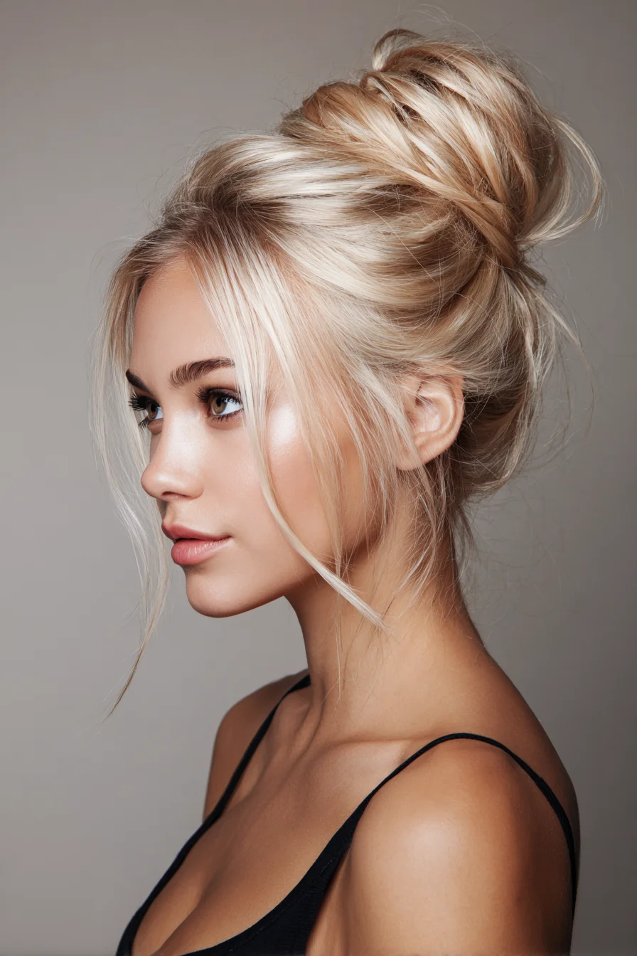 Textured Messy High Bun with Face‑Framing Pieces