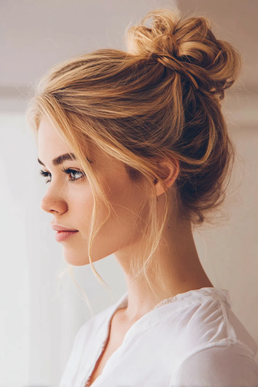 Textured Messy High Bun with Face‑Framing Pieces