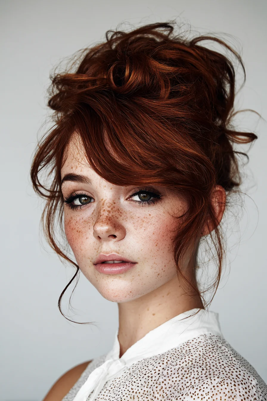 Textured Messy High Bun with Face‑Framing Tendrils