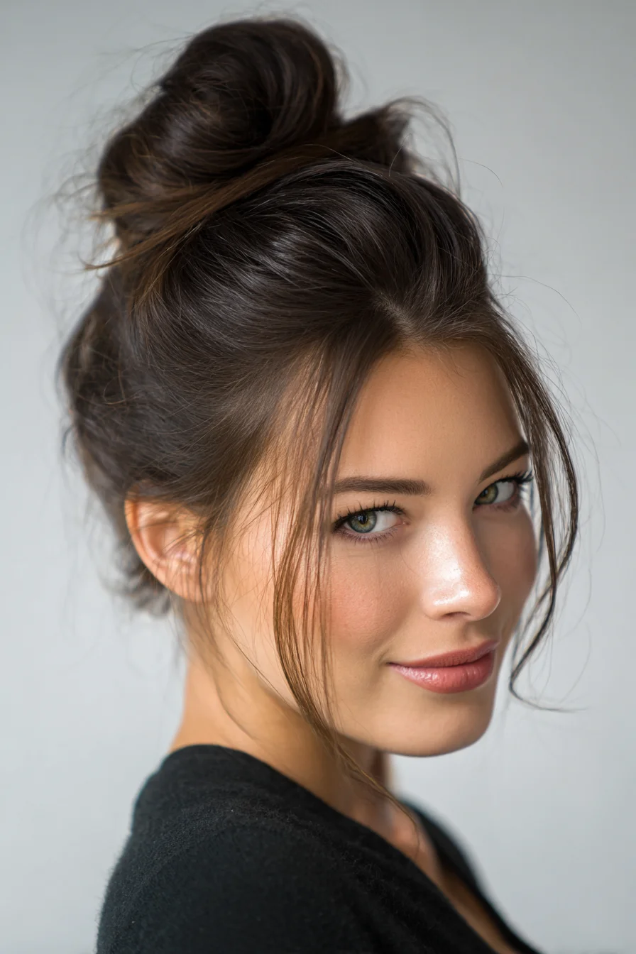 Textured Messy High Bun with Face‑Framing Tendrils 25