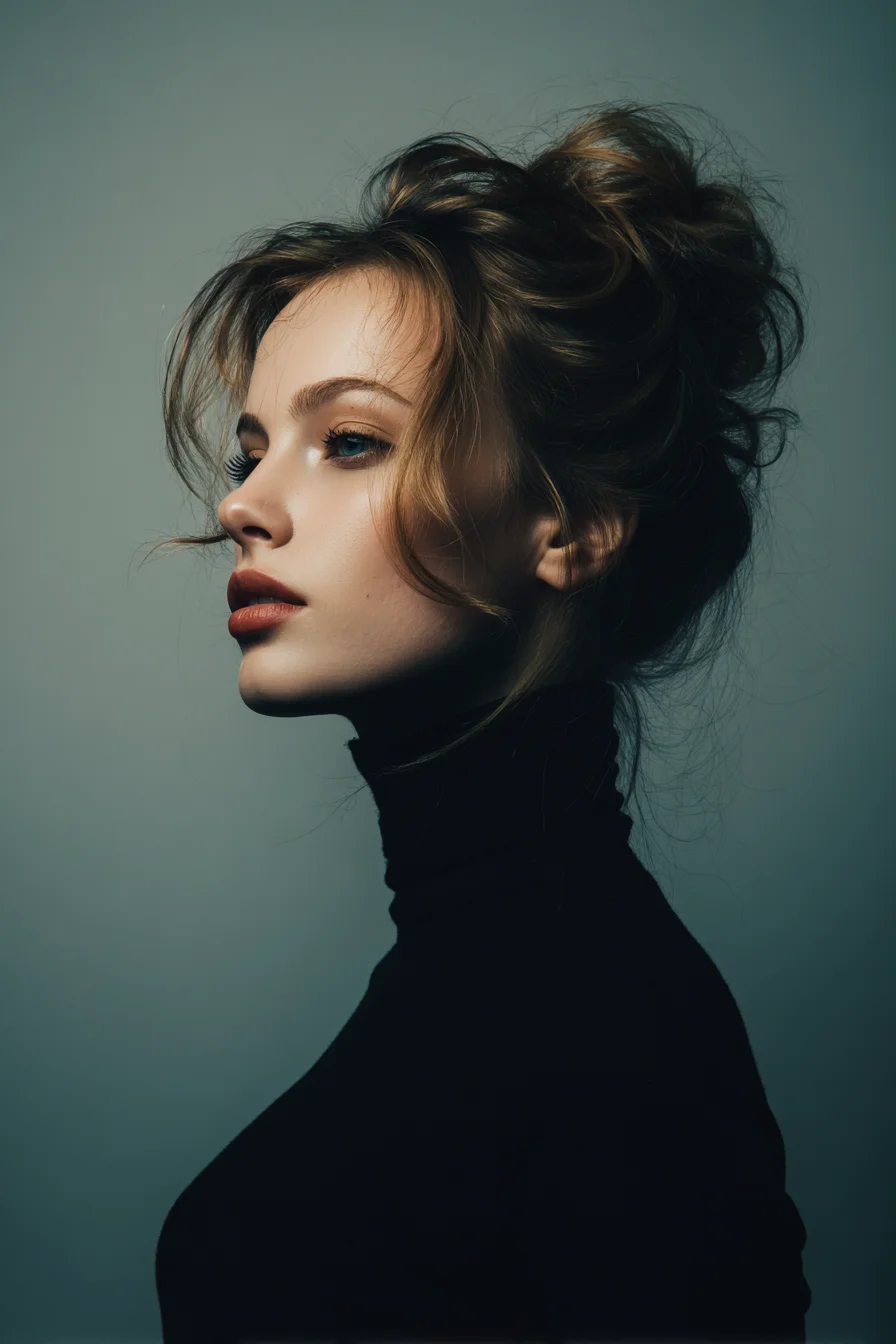 Textured Messy High Bun with Face-Framing Tendrils