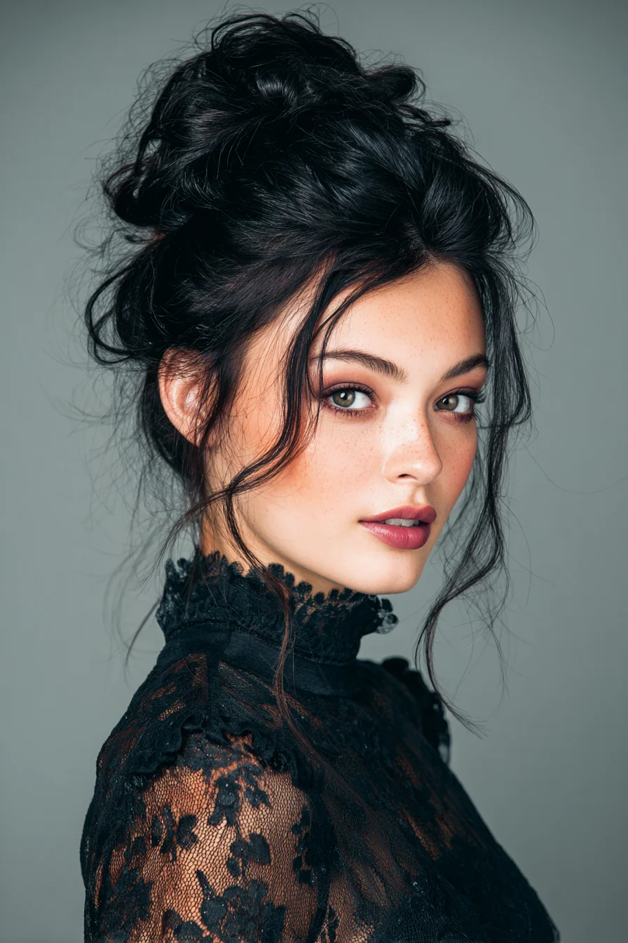 Textured Messy High Bun with Face‑Framing Tendrils