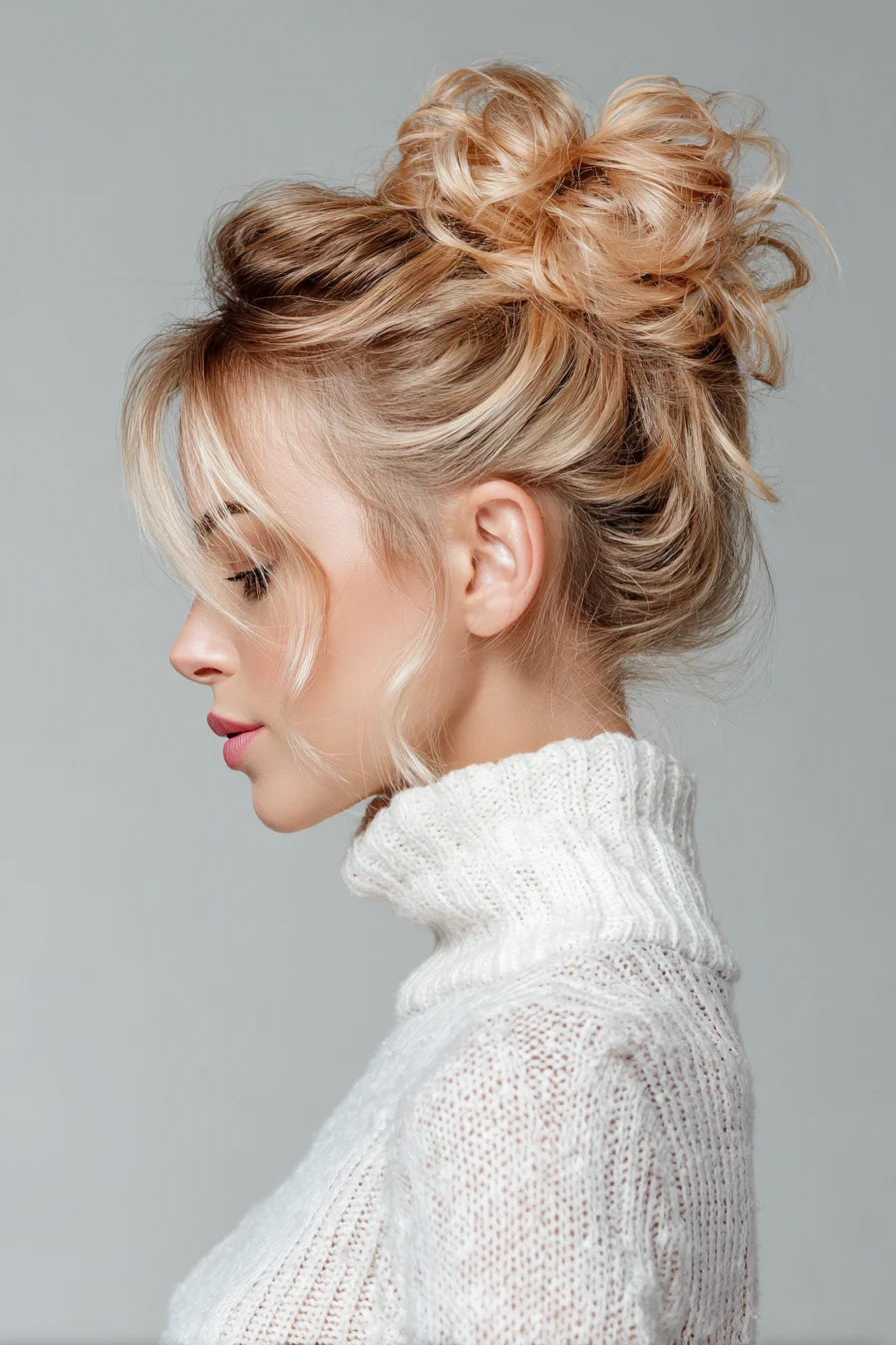 Textured Messy High Bun with Face-Framing Tendrils — Casual Updo for Medium to Thick Hair