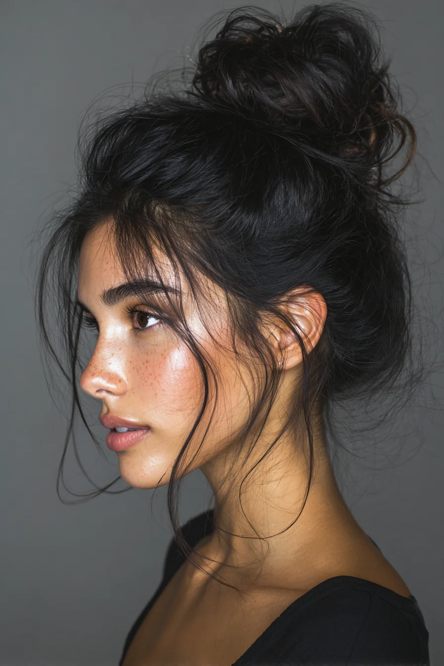 Textured Messy High Bun with Face‑Framing Tendrils