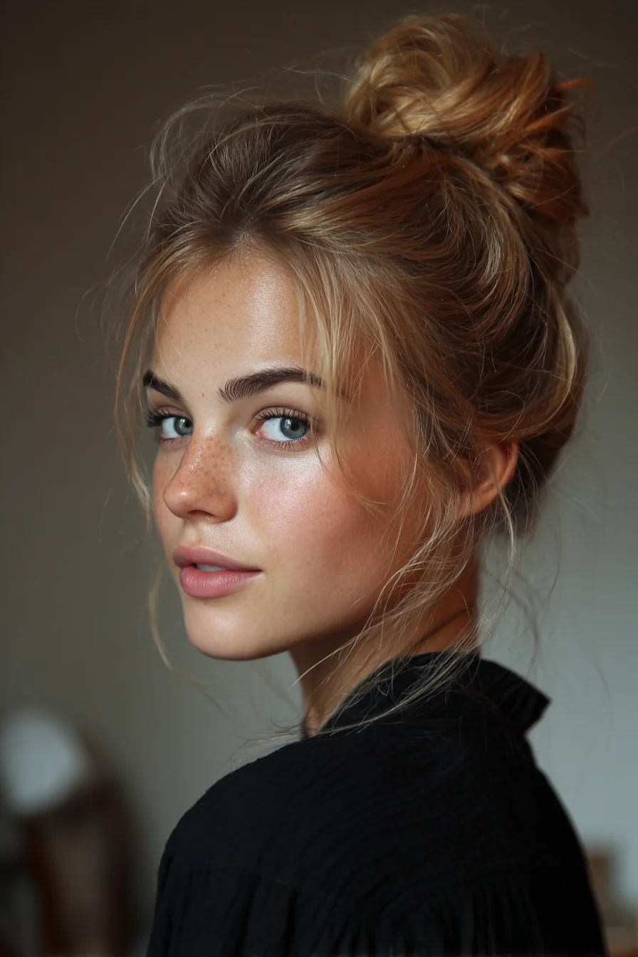Textured Messy High Bun with Face‑Framing Wisps