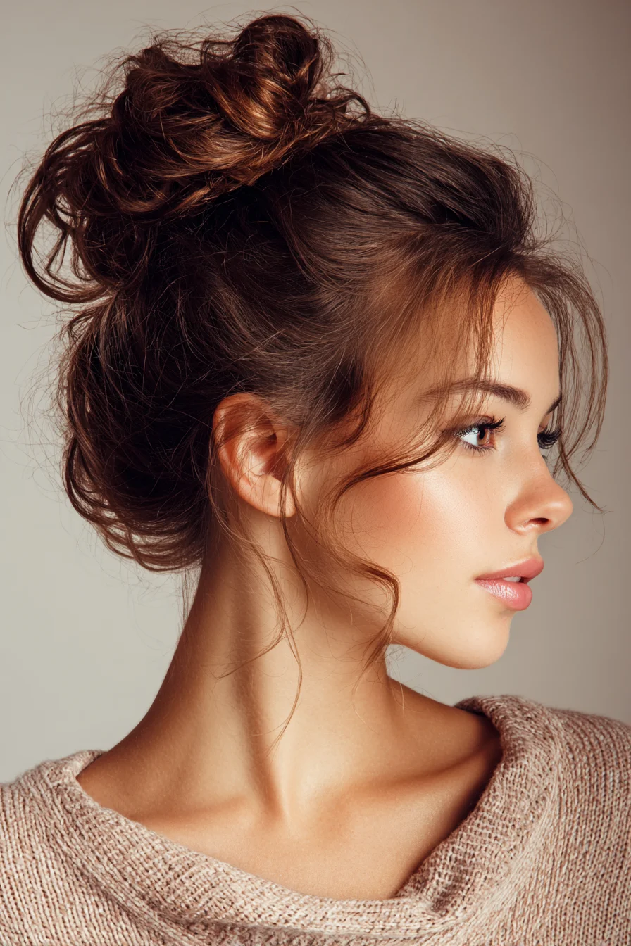 Textured Messy High Bun with Soft Face‑Framing Tendrils