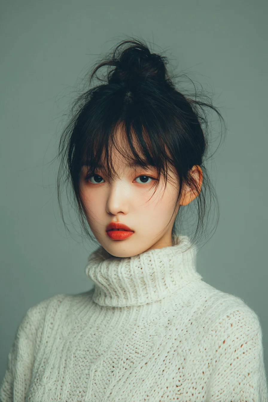 Textured Messy High Bun with Wispy Curtain Bangs