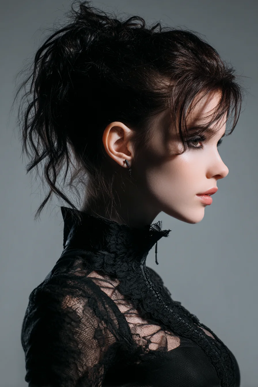 Textured Messy High Ponytail with Soft Face‑Framing Bangs