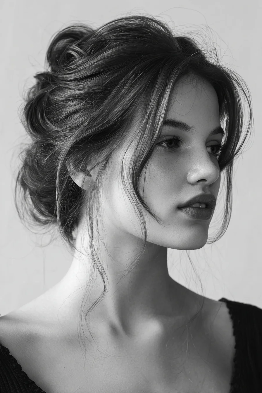 Textured Messy Low Bun Updo with Face‑Framing Tendrils