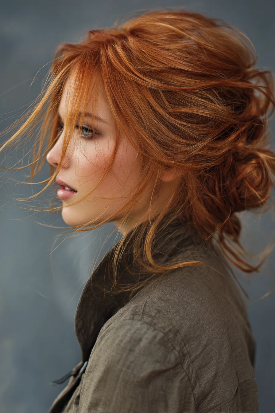 Textured Messy Low Bun with Face‑Framing Pieces — Red Hair Updo