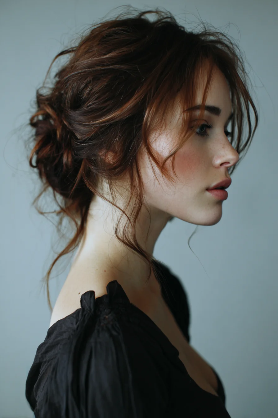 Textured Messy Low Bun with Face‑Framing Tendrils