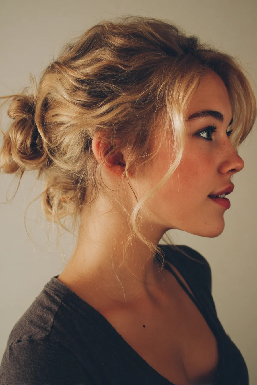 Textured Messy Low Bun with Face‑Framing Tendrils