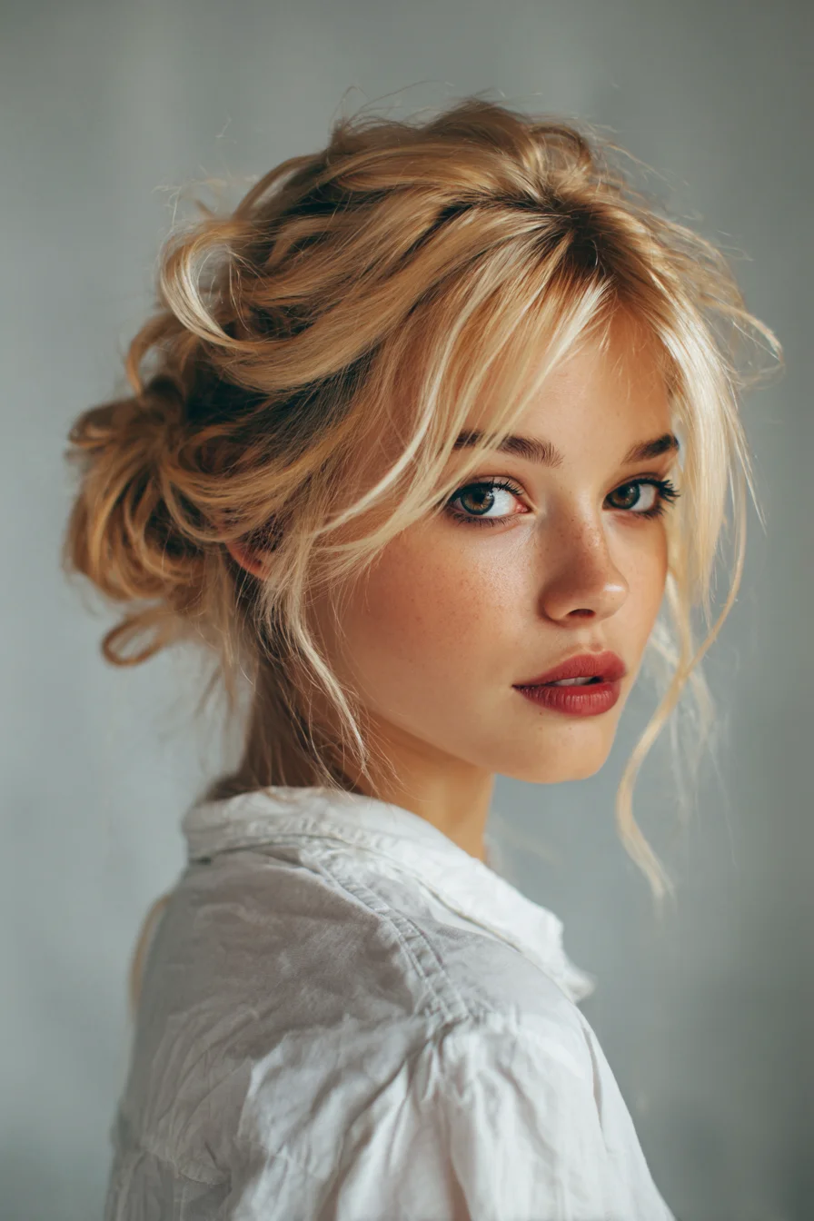 Textured Messy Low Updo with Curtain Bangs