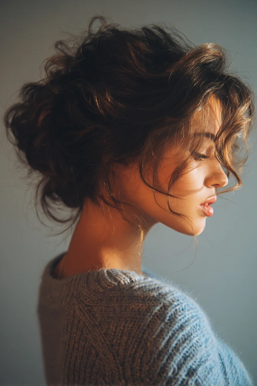 Textured Messy Low Updo with Face‑Framing Tendrils