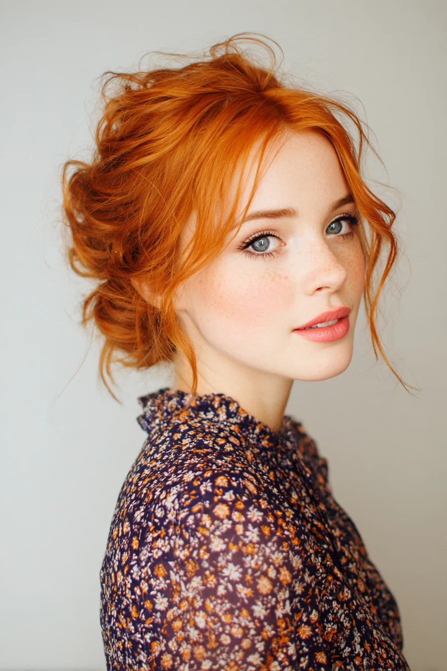 Textured Messy Low Updo with Face‑Framing Tendrils