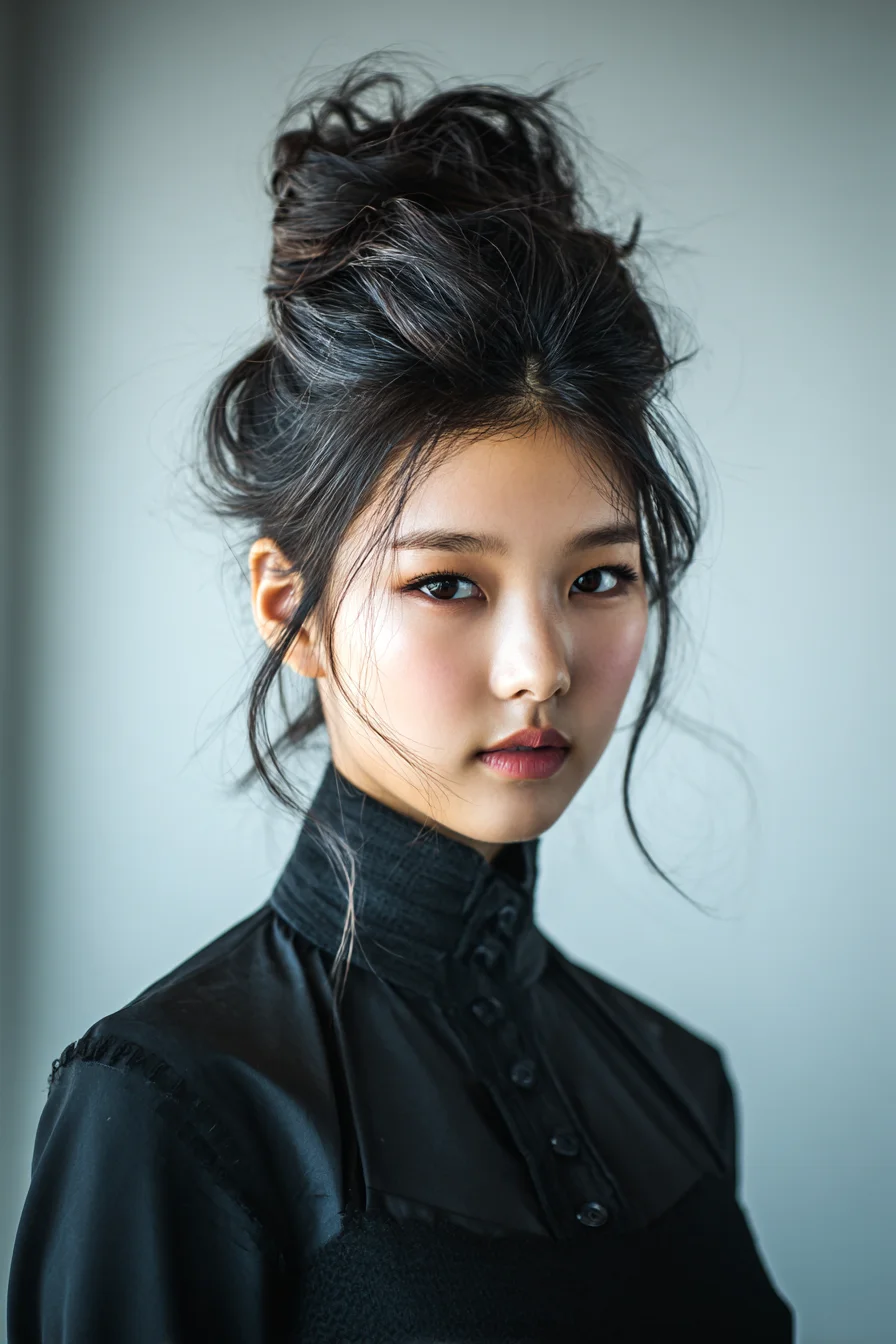 Textured Messy Top Knot Updo with Face‑Framing Tendrils