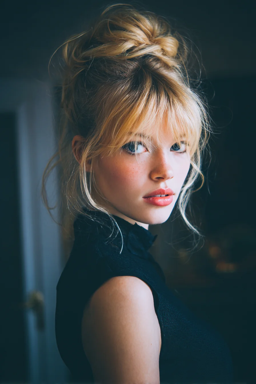 Textured Messy Top Knot with Blunt Fringe — Loose Face‑Framing Tendrils