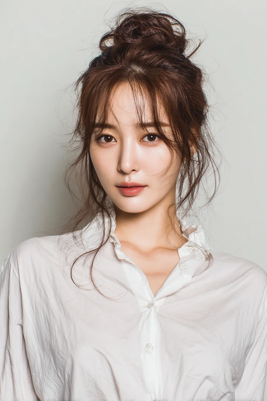 Textured Messy Top Knot with Curtain Bangs and Face‑Framing Strands