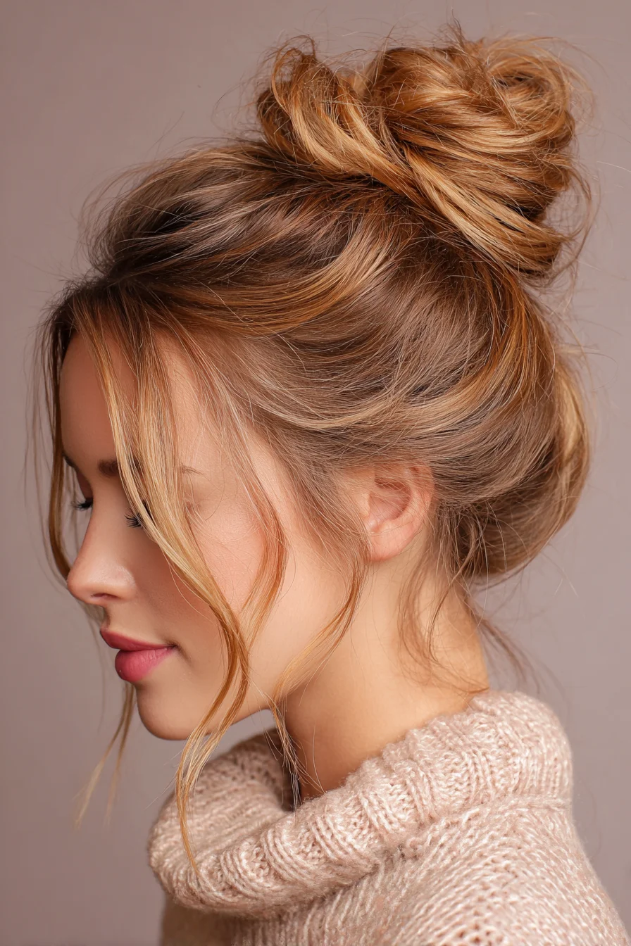 Textured Messy Top Knot with Face‑Framing Tendrils
