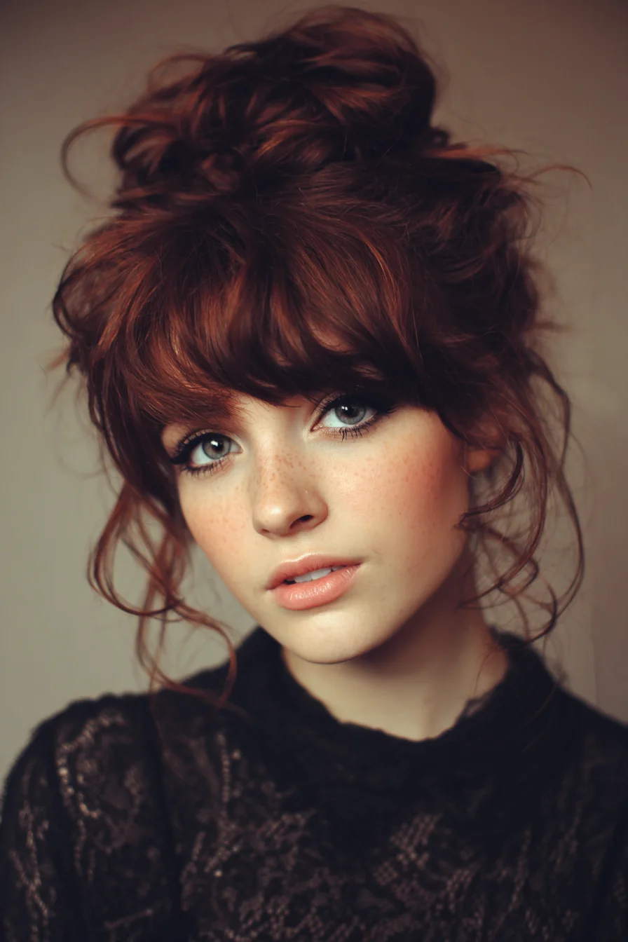 Textured Messy Top Knot with Full Blunt Bangs