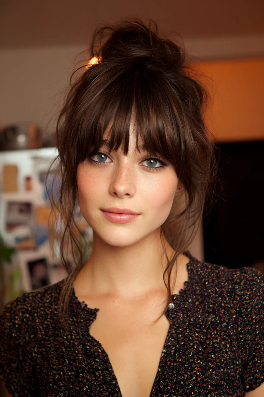 Textured Messy Top Knot with Soft Fringe and Face‑Framing Tendrils