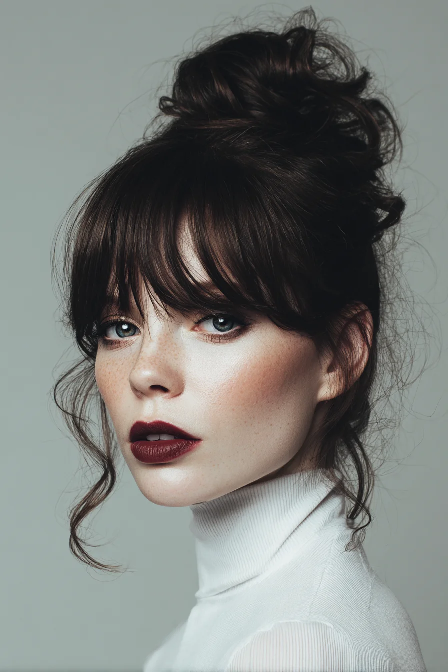 Textured Messy Top Knot with Wispy Curtain Bangs