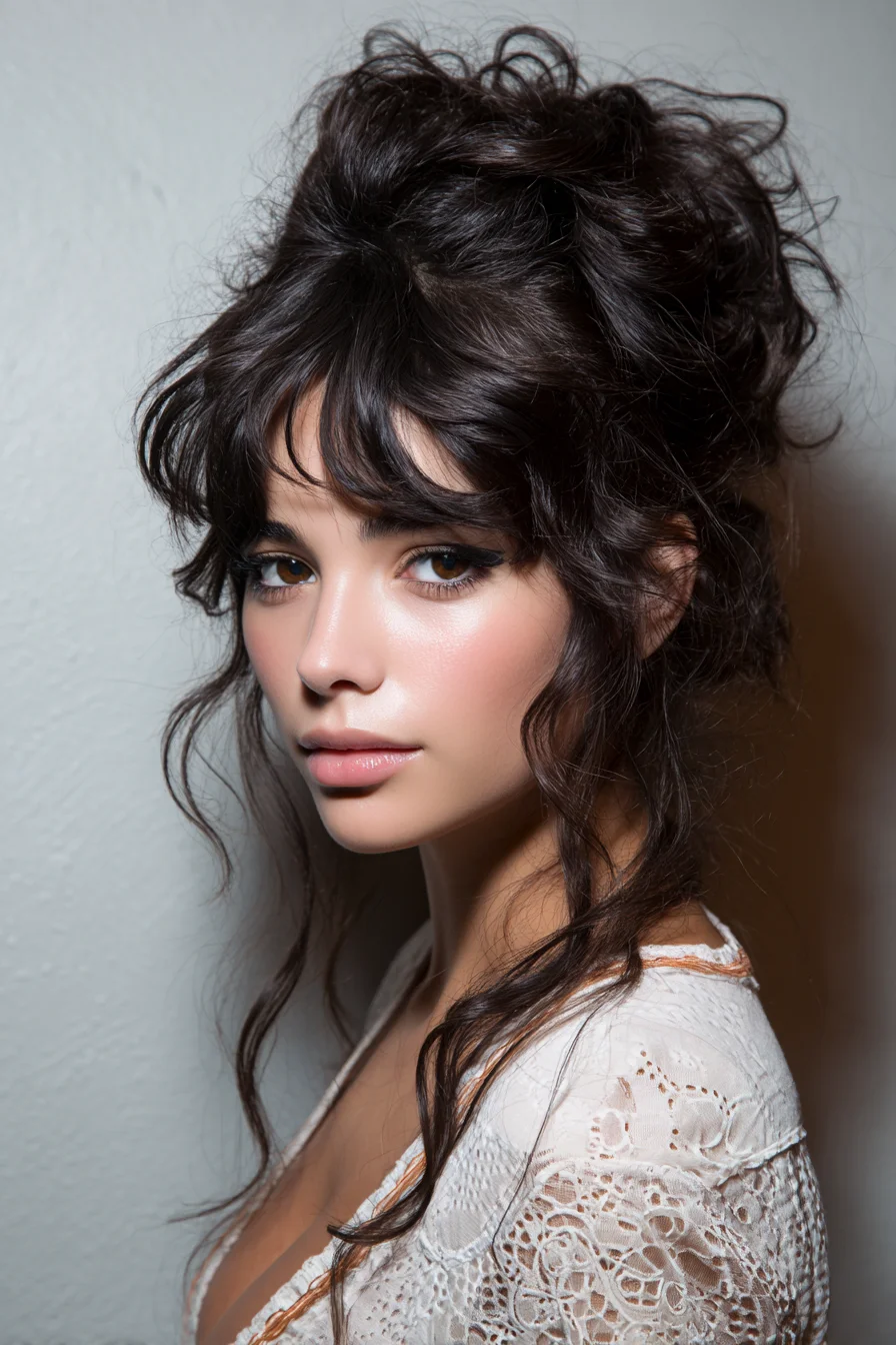 Textured Messy Updo with Curtain Bangs and Face‑Framing Tendrils