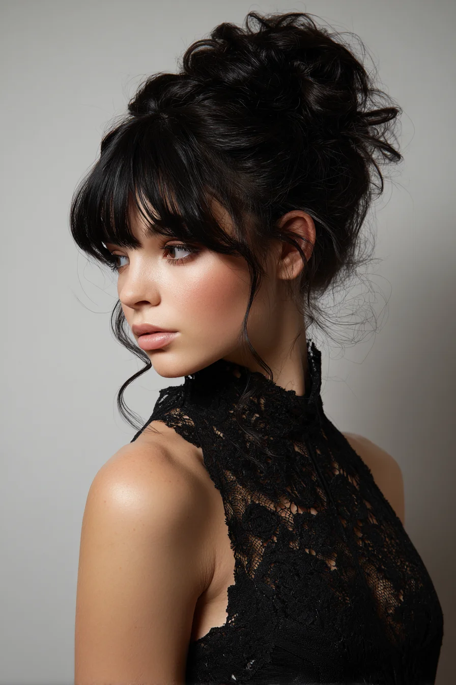 Textured Messy Updo with Curtain Bangs