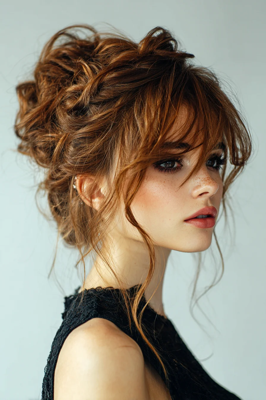 Textured Messy Updo with Face‑Framing Bangs | Wavy to Thick Hair