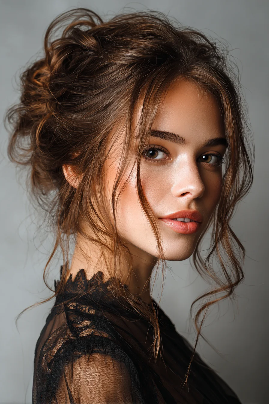Textured Messy Updo with Face-Framing Tendrils