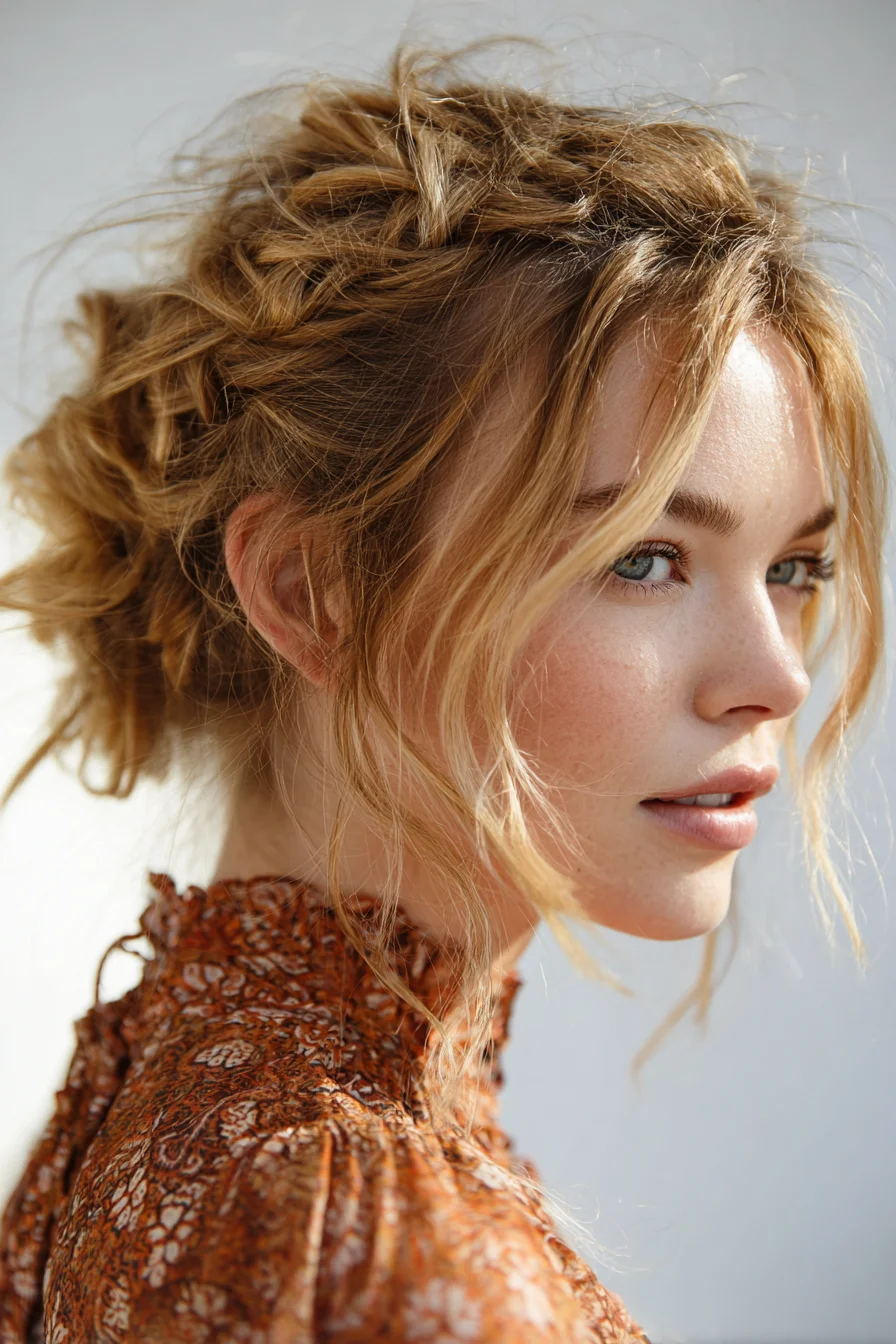 Textured Messy Updo with Loose Face‑Framing Tendrils