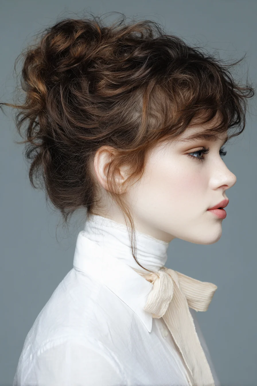 Textured Messy Updo with Soft Curtain Bangs