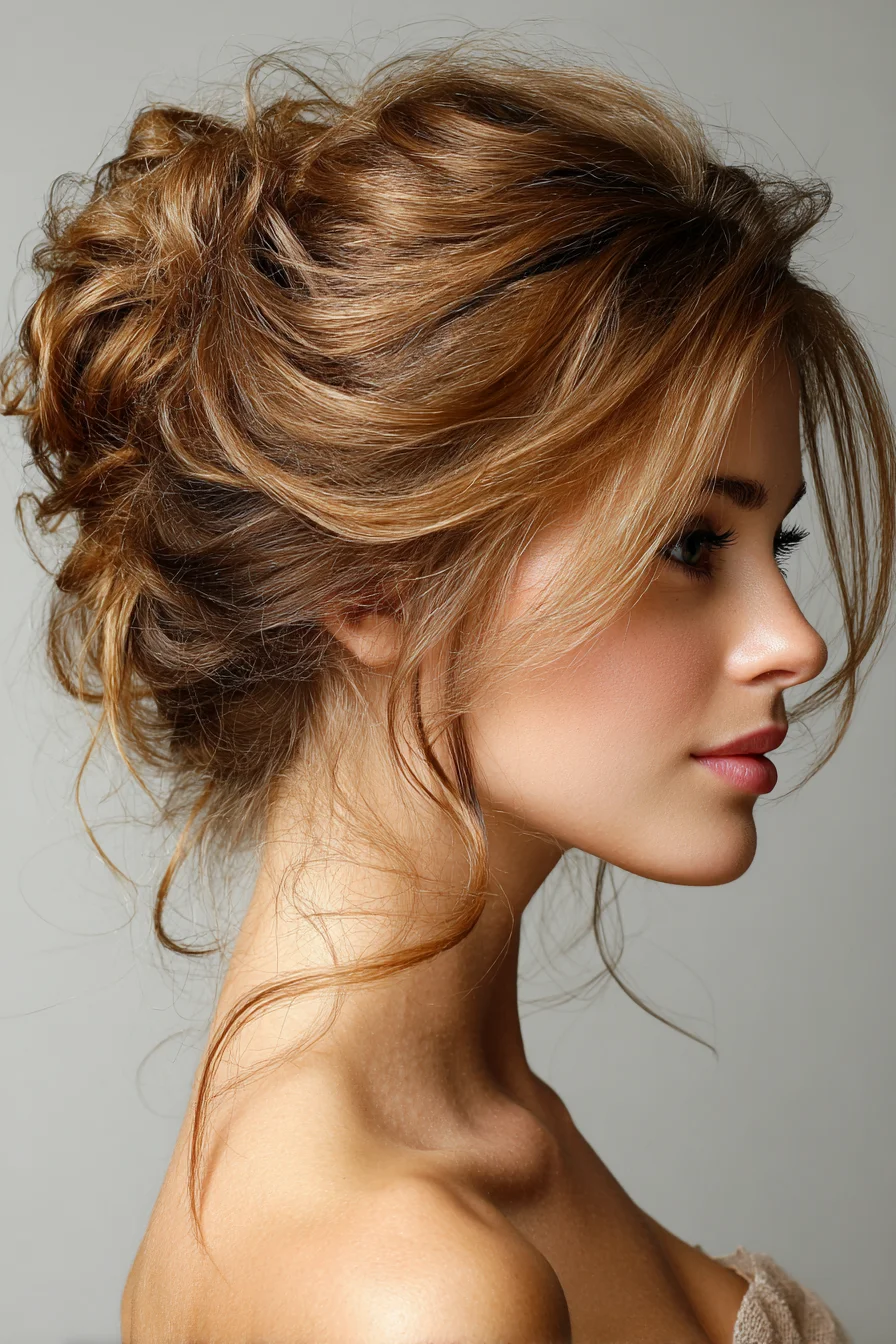 Textured Messy Updo with Soft Face‑Framing Tendrils