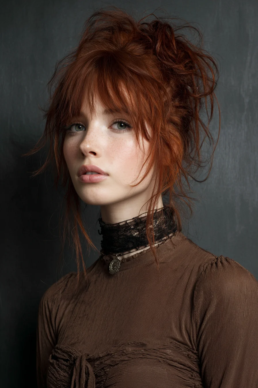 Textured Messy Updo with Wispy Bangs — Tousled Volume for Medium-Long Hair