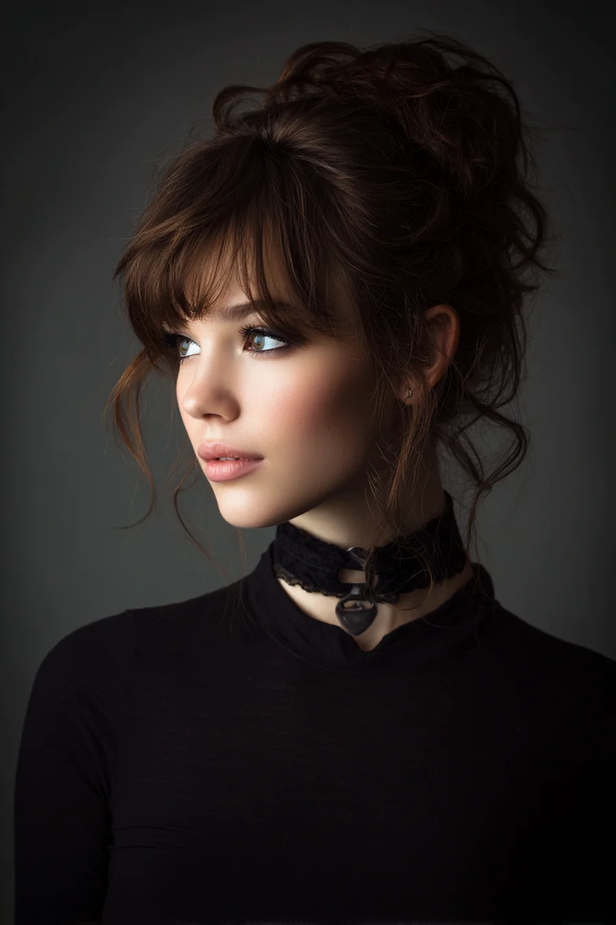 Textured Messy Updo with Wispy Curtain Bangs